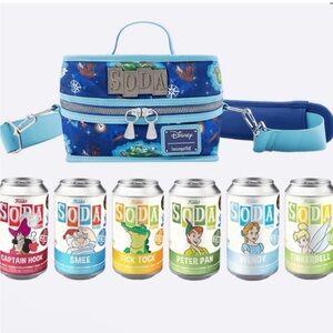Funko Loungefly Disney Soda Crossbody Bag, w/ set of 6 Peter Pan Can figures.